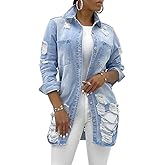 SeNight Women's Jean Jacket Long Sleeve Classic Distressed Fray Hem Tassels Denim Trucker Jackets