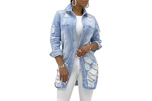 SeNight Women's Jean Jacket Long Sleeve Classic Distressed Fray Hem Tassels Denim Trucker Jackets