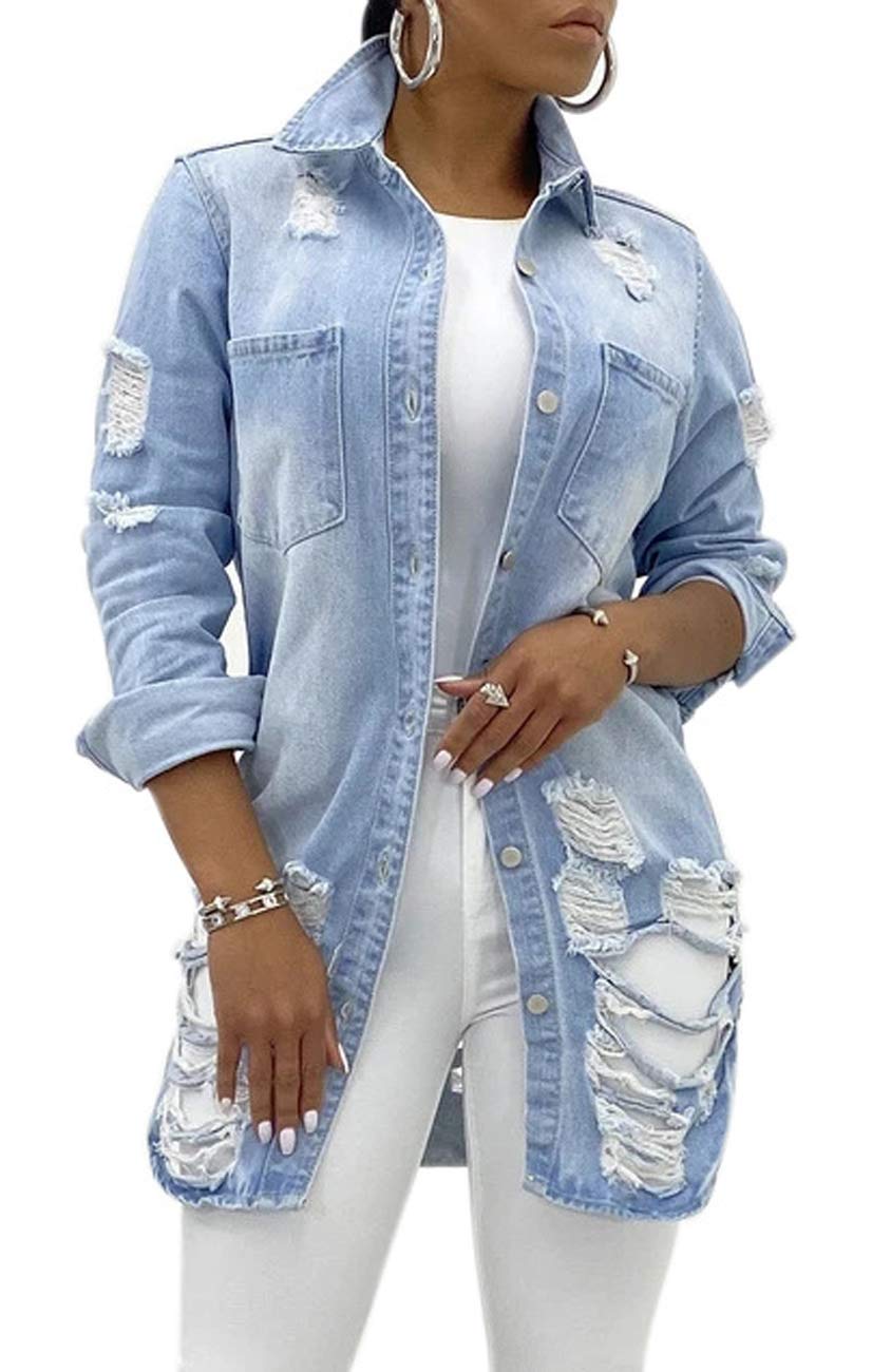 Photo 1 of SeNight Jeans Jacket Women Denim Jackets Ripped Jean Jacket Light Blue Sexy Long Sleeve Classic Denim Jacket Elegant Jean Jacket Coat With Pocket