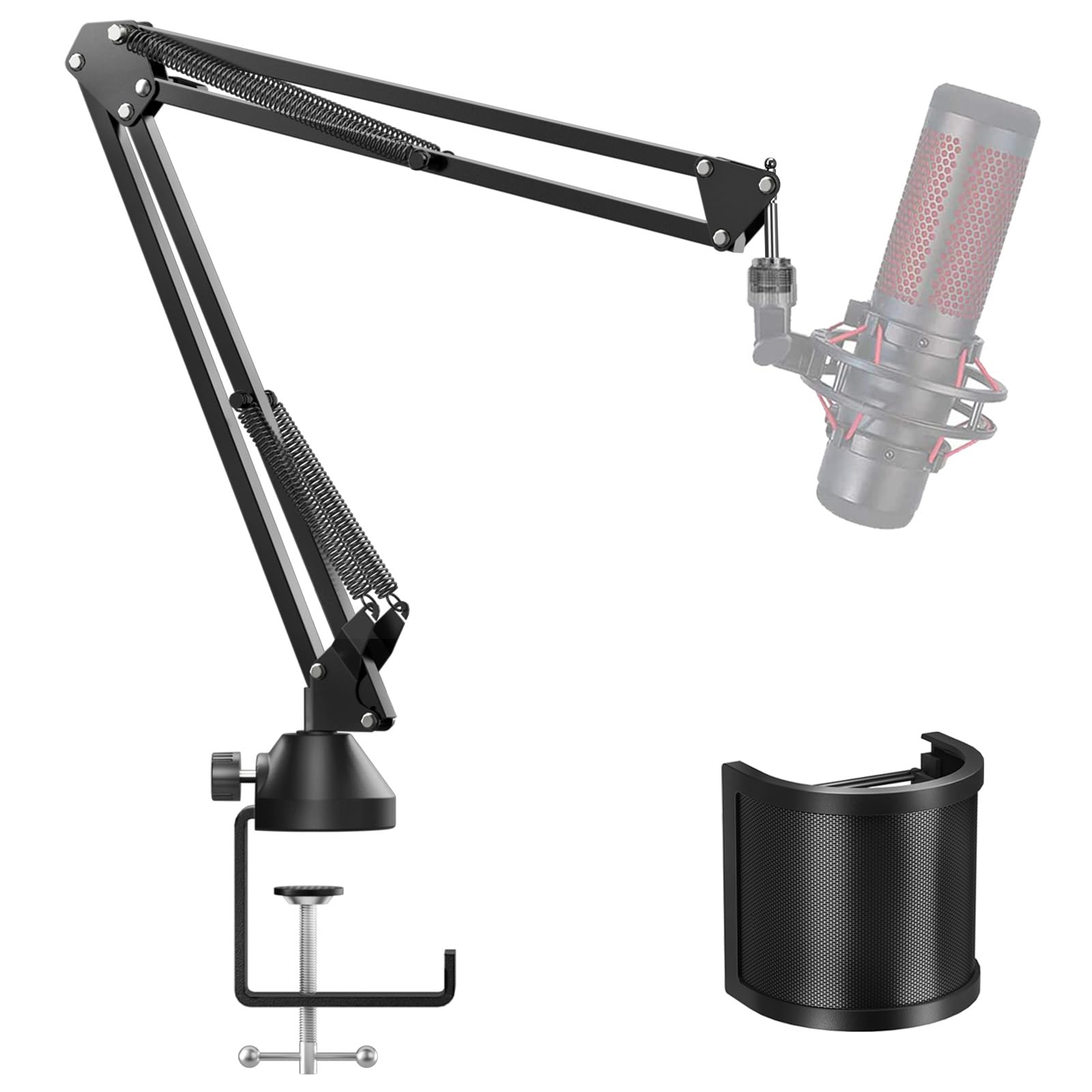 TONOR Microphone Boom Arm, Adjustable Microfono Stand Mic Arm with Extra-large Pop Filter, 3/8’’ and 5/8’’ Screwadapter, Equipment for Podcast, Recording, Streaming, 35cm+35cm, T10
