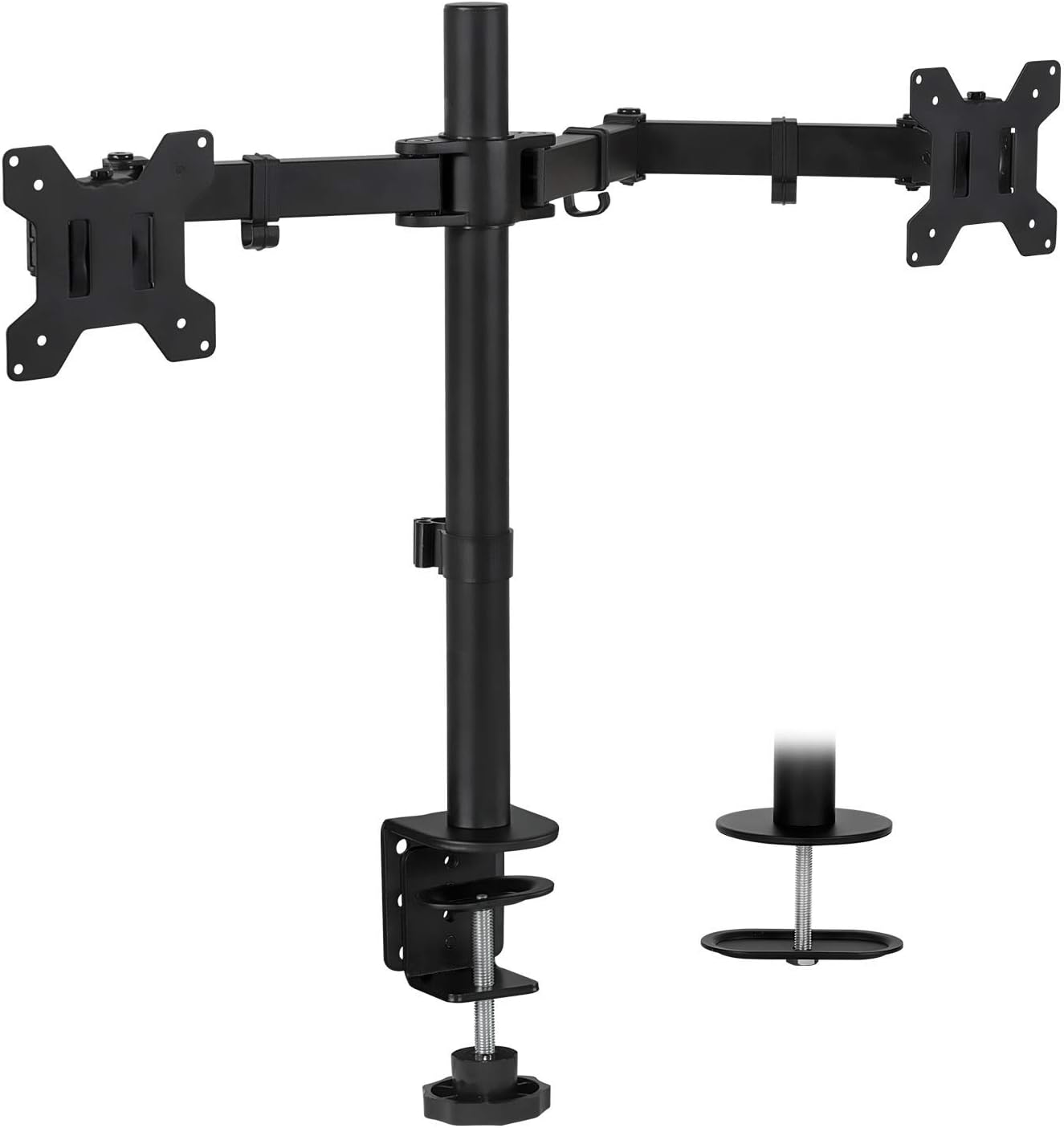Mount-It! Dual Monitor Mount | Double Monitor Desk Stand | Two Heavy Duty Height Adjustable Arms Fit 2 Computer Screens 19 21.5 24 27 32 Inches | VESA 75 100 | Interchangeable C-Clamp and Grommet Base