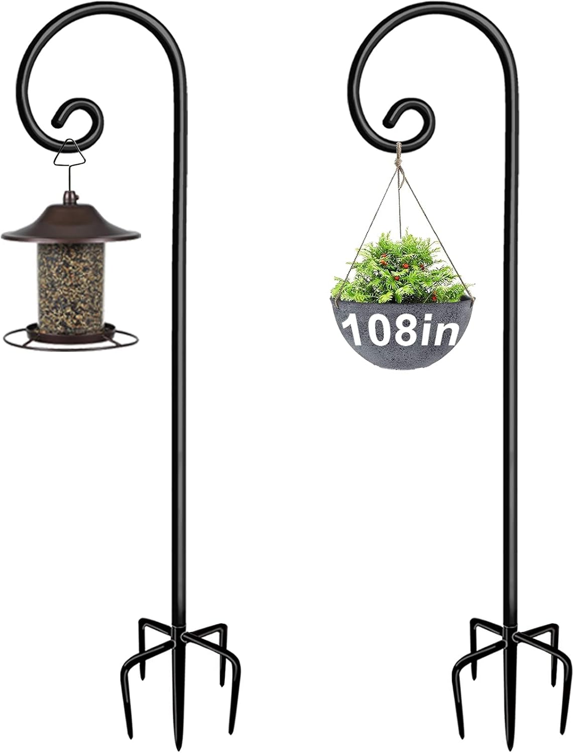 Outdoor Shepherd's Hooks - Artigarden Outdoor Shepherd Hooks 108 inch Tall for Bird Feeder (2 Packs), Adjustable Metal Garden Poles for Hanging Plants Solar Light Lantern, Bright Black