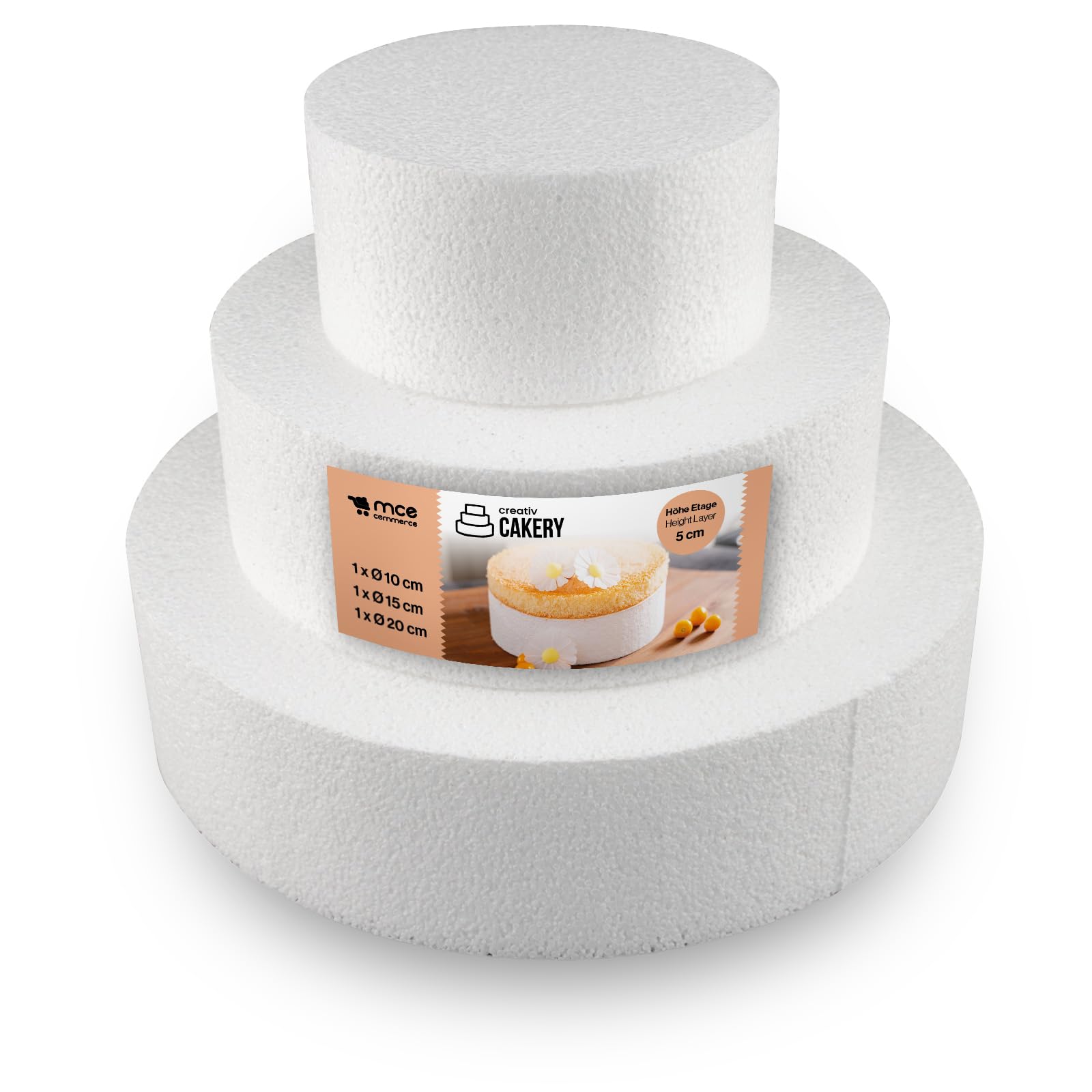Unbekannt Polystyrene Cake Set, Three-Storey, Height 5 cm, 10 cm, 15 cm, 20 cm, expanded, White, 20x15cm