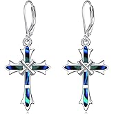 ONEFINITY Opal Cross Abalone Shell Earrings Sterling Silver Cross Dangle Drop Earring Cross Leverback Earrings for Women
