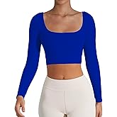 CUHUDA Women's Basic Long Sleeve Square Neck Crop Top Double Lined Slim Fit T-Shirt
