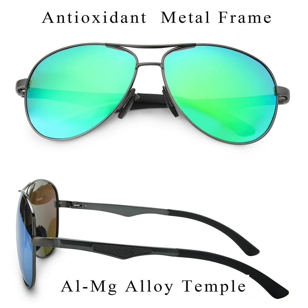 WELUK Aviator Sunglasses for Men Polarized Military Mirrored Pilot Retro Glasses (Grey & Green, 62)