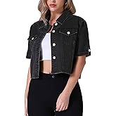 CIMUK Womens Spring Cropped Jean Jacket Collared Button Up Short Sleeve Denim Jackets