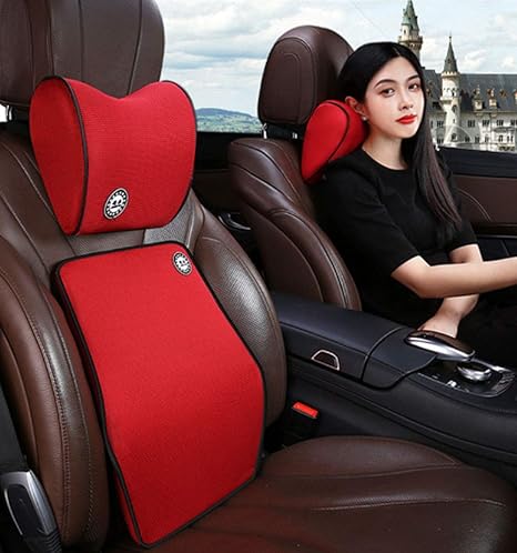 Amazon 車およびヘッドレストネックピローキット用のランバーサポートクッション 人間工学に基づいて設計されたユニバーサルフィットメジャーカーシート 赤 ネックパッド 車 バイク