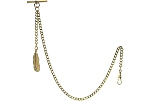 WATCHVSHOP Albert Chain Gold Pocket Watch Chain Fob Chain for Men with Gold Feather Design Fob T-Bar Swivel Clip AC119A