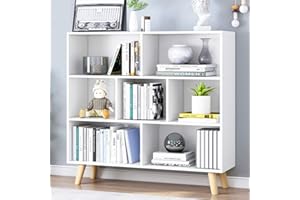 IOTXY Wooden Open Shelf Bookcase - 3-Tier Floorstanding Display Cabinet Rack with Legs, 7 Cubes Free Standing Bookshelf, Warm White