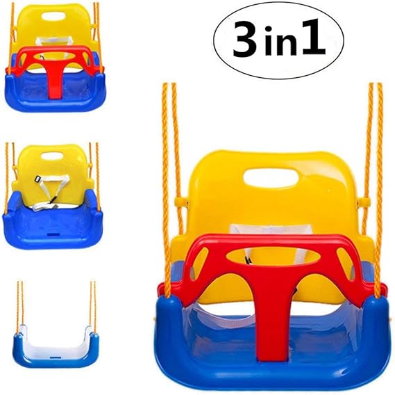 Emwel Columpio Infantil con Respaldo Alto, Bebés 3 en 1 Bebé Niño Asiento de plástico para Columpios con Barra en T y Accesorio, Jardín al Aire Libre Desmontable Cubeta Colgante Asiento Colgante - Chevarebeneta