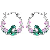 Frog Earrings Sterling Silver Small Green Frog Hoop Earrings Jewelry Flower Hoops Gifts for Women