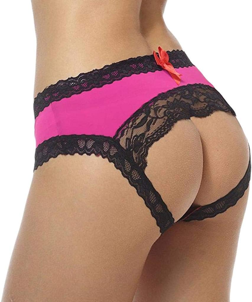 Sexy Crotchless Knickers Bowknot Lace Panties Lingerie Underwear Seduction Underpants for Women(Hot Pink,XL)