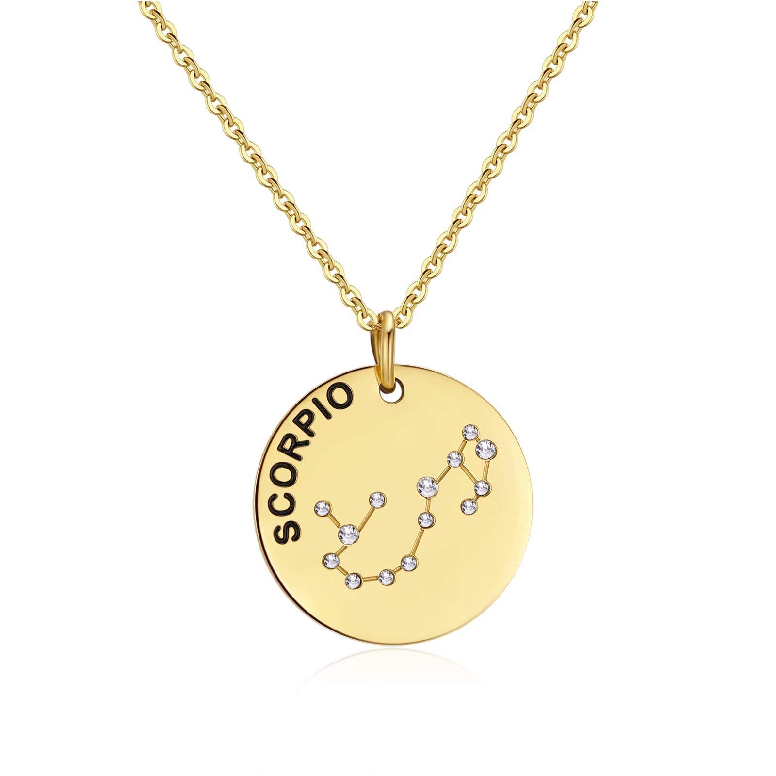 Qings Scorpio Zodiac Exclusive Gold Plated Necklace Horoscope Constellations Disc Sparkling Zircon Pendant Adjustable as Gifts for Women and Girls