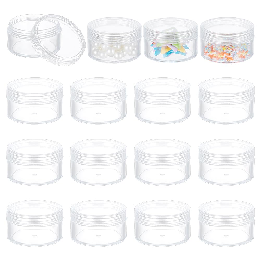 BENECREAT 16 Pack 30ml Empty Clear Plastic Bead Storage Container jar with Rounded Screw-Top Lids for Beads, Nail Art, Glitter, Make Up, Cosmetics and Travel Cream