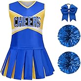 LMYOVE Cheerleader Costume for Girls, Cheerleading Outfit for Kids with Pom Pom, Child Halloween Costume Dress Uniform
