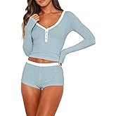 Dressmine Cute Pjs Pajama Sets for Women Sexy 2 Piece Valentines Pajamas Lounge Sleep Set Long Sleeve Shorts Sleepwear