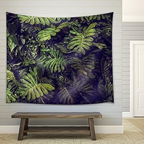 Green Monstera Leaves Texture for Background - Top View - in Dark Tone. - Fabric Wall Tapestry Home Decor - 51x60 inches