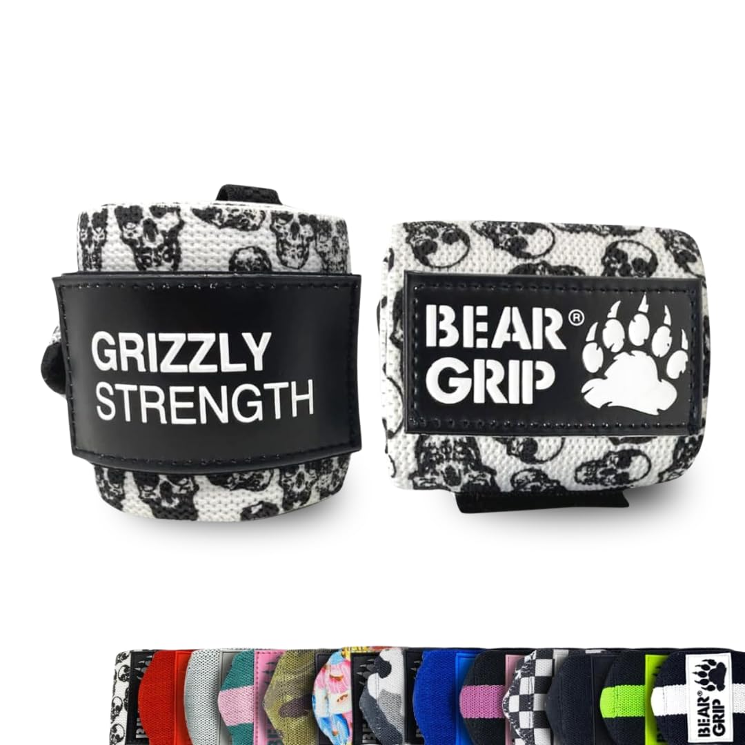 BEAR GRIP - Premium Heavy Duty Weight Lifting Wrist Wraps, Bodybuilding, Crossfit, Powerlifting, StrongMan (White Skull, 24 Inches)