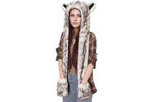Winter Animal Hat Faux Fur Hooded Scarf with Mittens Gloves Furry Ears Paw Gloves Pocket Hoodie Beanie Cap for Women