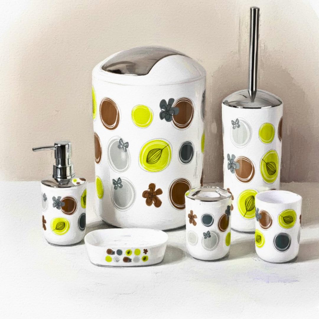 Qualiware 6-Piece Bathroom Accessories Set Luxury Modern Vanity Organizer Bath Set Toilet Brush with Holder, Soap Dish, Soap Dispenser, Toothbrush Holder, Tumbler, Trash Bin (Circle)