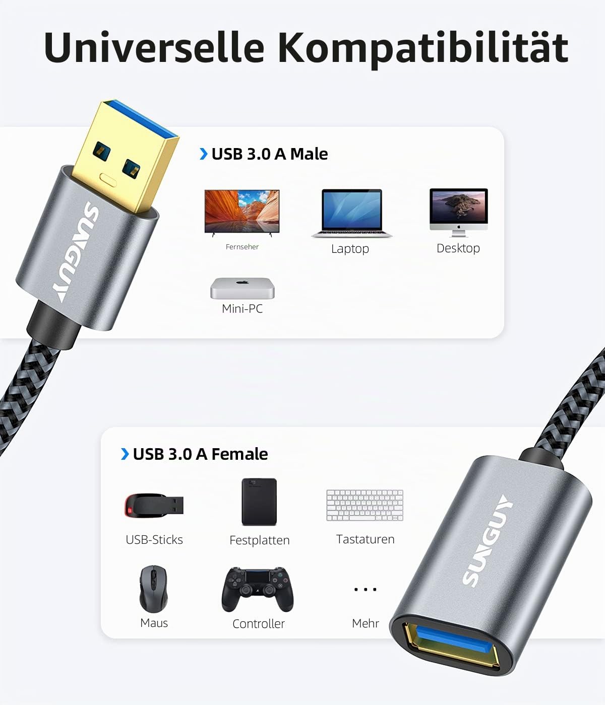 SUNGUY USB 3.0 Verlängerung Kabel，Verlängerungskabel 5Gbps Superschnelle USB A Stecker auf A Buchse Verlängerung für Kartenlesegerät,Tastatur, Drucker, Scanner, Kamera[0.3m-Grau-1Stück] 4