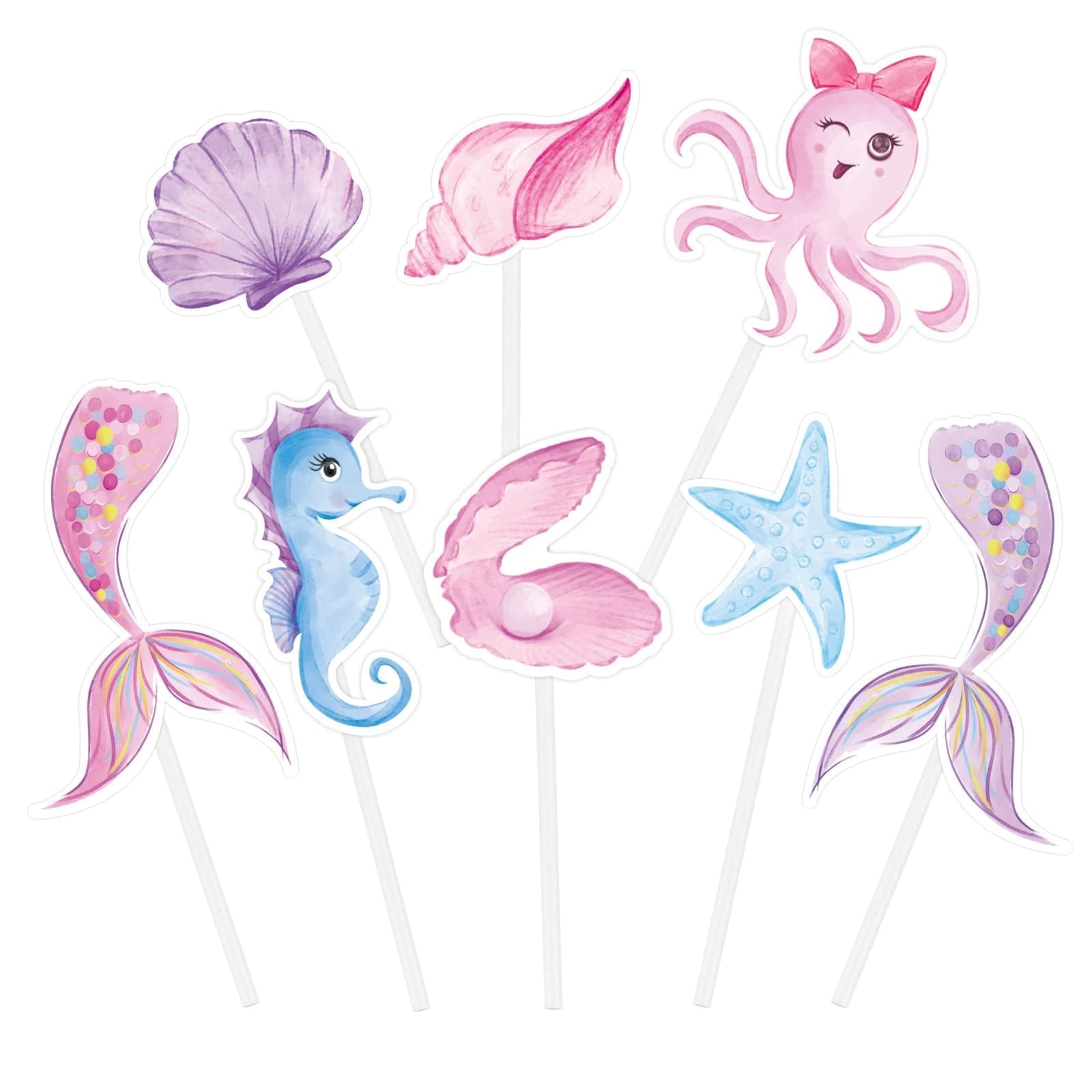 Watercolor Mermaid Party Cupcake Toppers - 32PCS Mermaid Cake Picks for Kids Girls Ocean Birthday Party Decorations Baby Shower Cupcake Decor