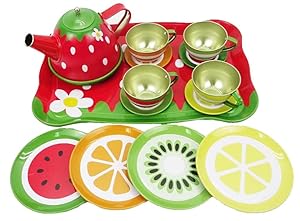 Liberty Imports Colorful Tin Tea Party Set for Kids - Metal Teapot and Cups Kitchen Playset (Fruit Garden)