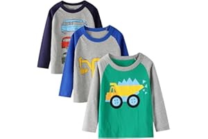 HILEELANG Boys Long Sleeve Tops Tees Shirts Graphic Cotton Casual Crewneck T-Shirts Sets 3 Packs