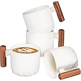 Kichvoe Porcelain Espresso Cups with Wooden Handle 2Oz Mini Coffee Mugs Set of 4 Small Ceramic Demitasse Cups for Tea and Hot Drinks Microwave and Dishwasher Safe