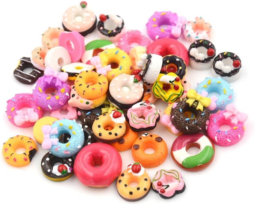 20Pcs Mix Lots Resin Flatback Doughnut Dessert Food Charm Art Album Flat Back Phone Scrapbooking Hair Clip Hairpin Sewing DIY Craft Accessory Jewelry Decoration Dollhouse Ornament