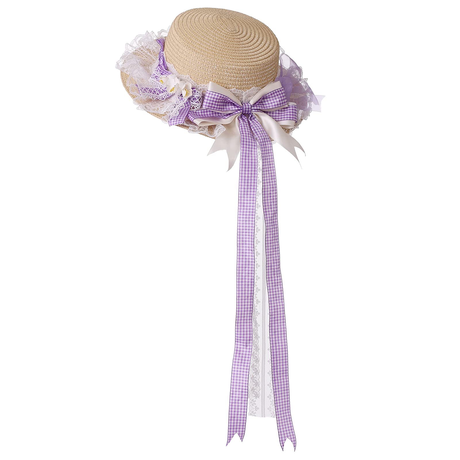 COSDREAMER Girls Womens Tea Party Sun Hat Beach Straw Hat Lace Bowknot Hats (Pink) (Blue) (Purple)