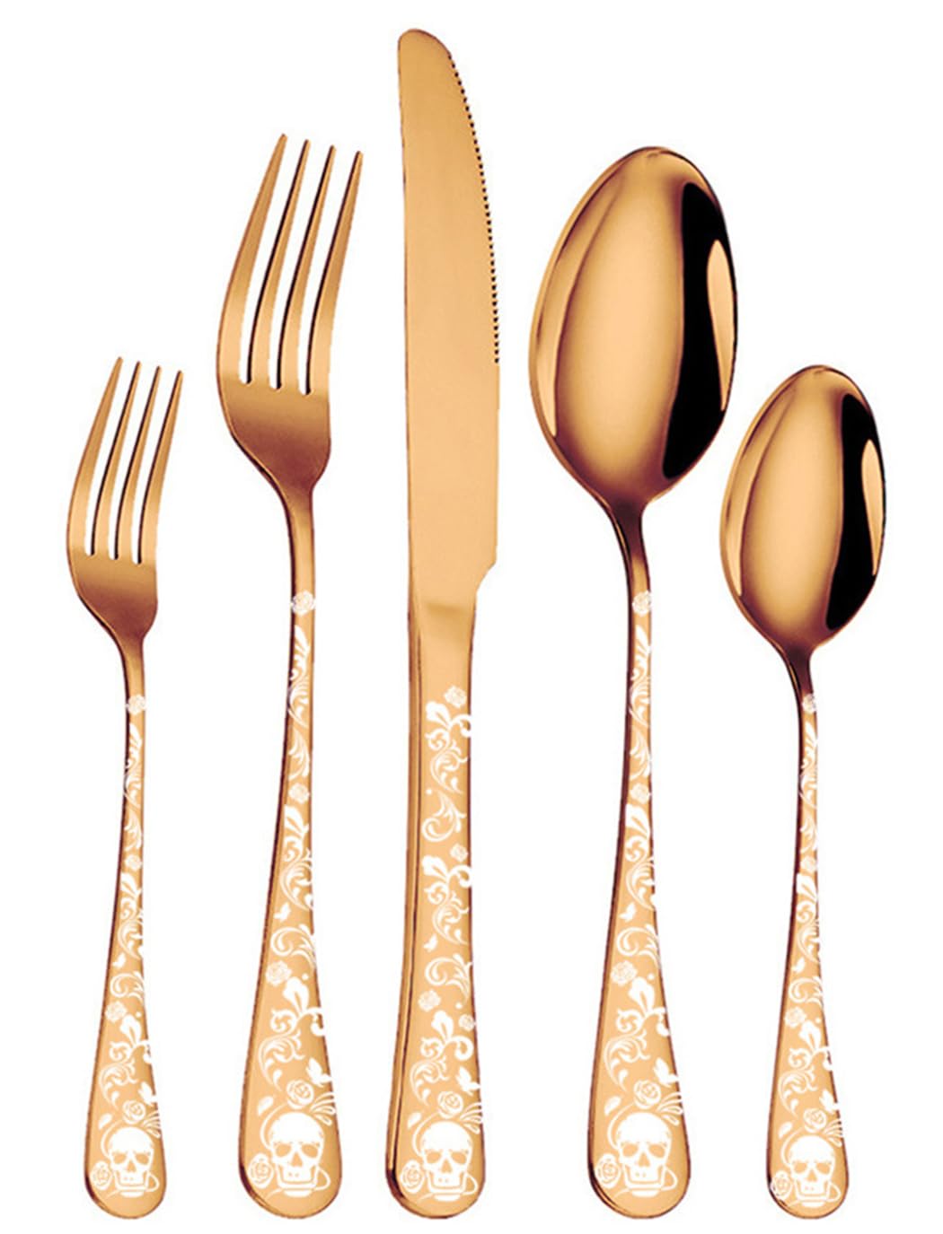XIAOYU 5 Piece Skull Pattern Silverware Set, Stainless Steel Flatware Set, Gothic Unique Skeleton and Flower Pattern Design, Perfect for Halloween Easter and Christmas, Rose Gold
