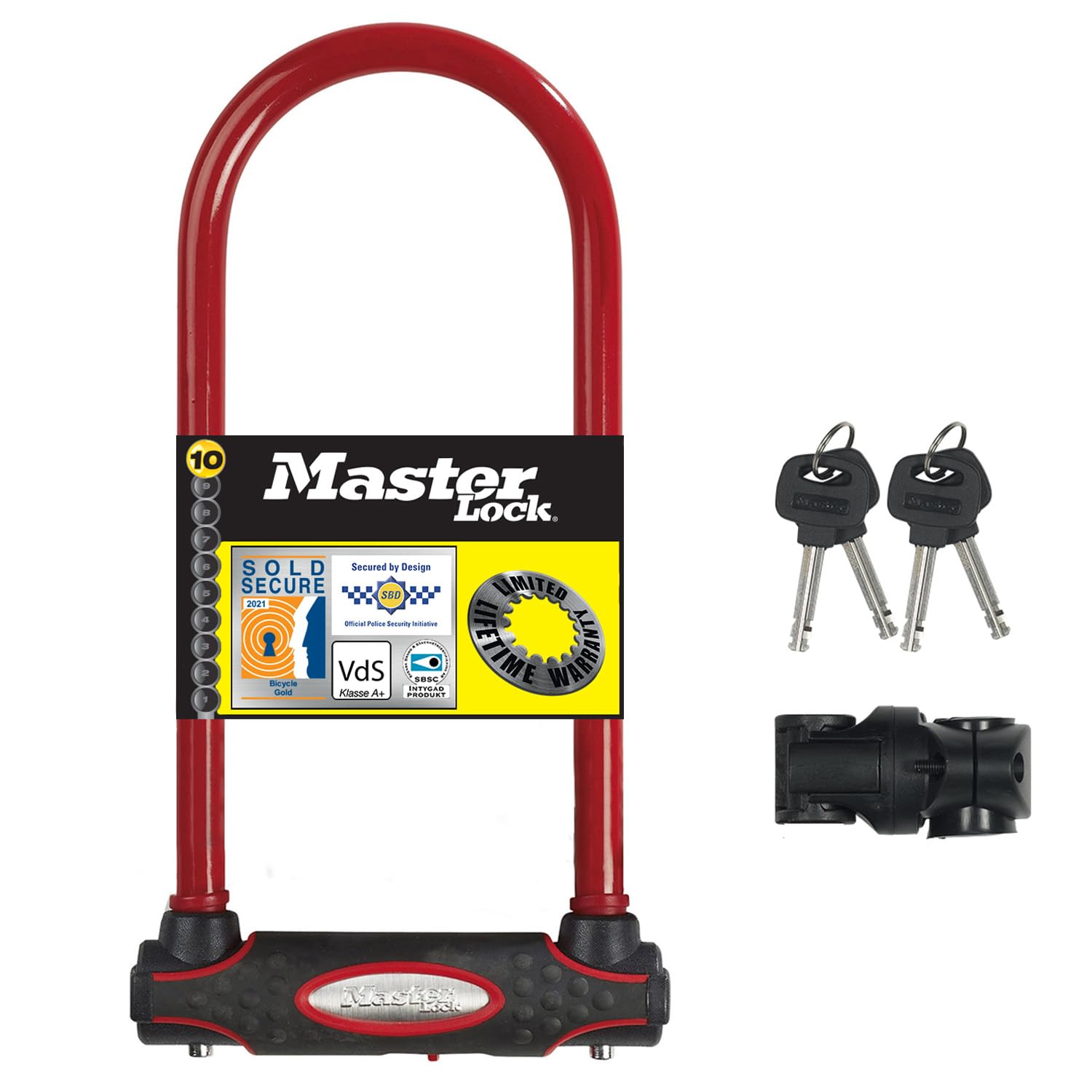 Master Lock Heavy Duty Bike D Lock, Key, Universal Mounting Bracket, Certified Bike Lock, Long Shackle, Red 8195EURDPROLWR - Use with Electric, Mountain, Road, Folding Bikes