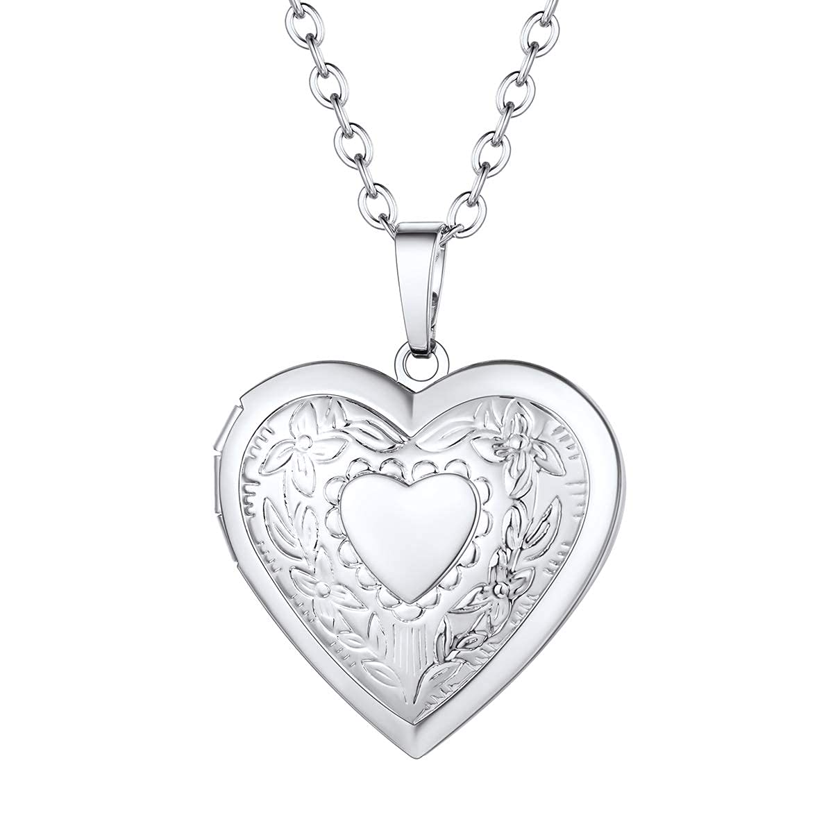 FOCALOOK Locket Necklace That Holds Pictures Floral Pattern Heart Photo Necklace for Women Teengirls