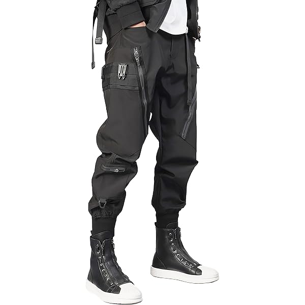 Men's Comfortable Harem Jogger Pants - Elastic Drawstring Waist, Straps & Buckle Detail, Black (Size 28-29) - View #4
