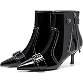 Coutgo Womens Kitten Heel Ankle Boots Pointed Toe Buckle Side Zipper Tassel Fall Winter Booties Shoes