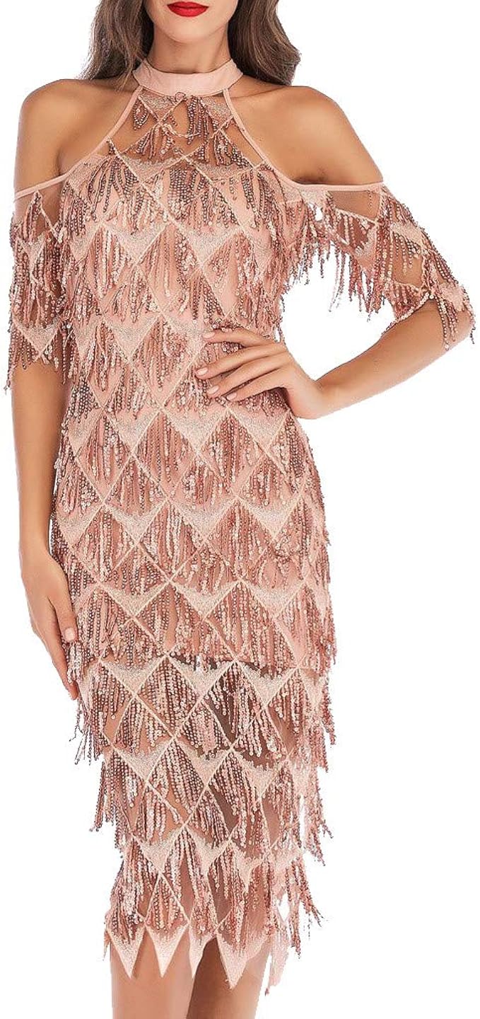 Damen Pailletten Kleid Mit Federn - Armelloses Partykleid Für Silvester