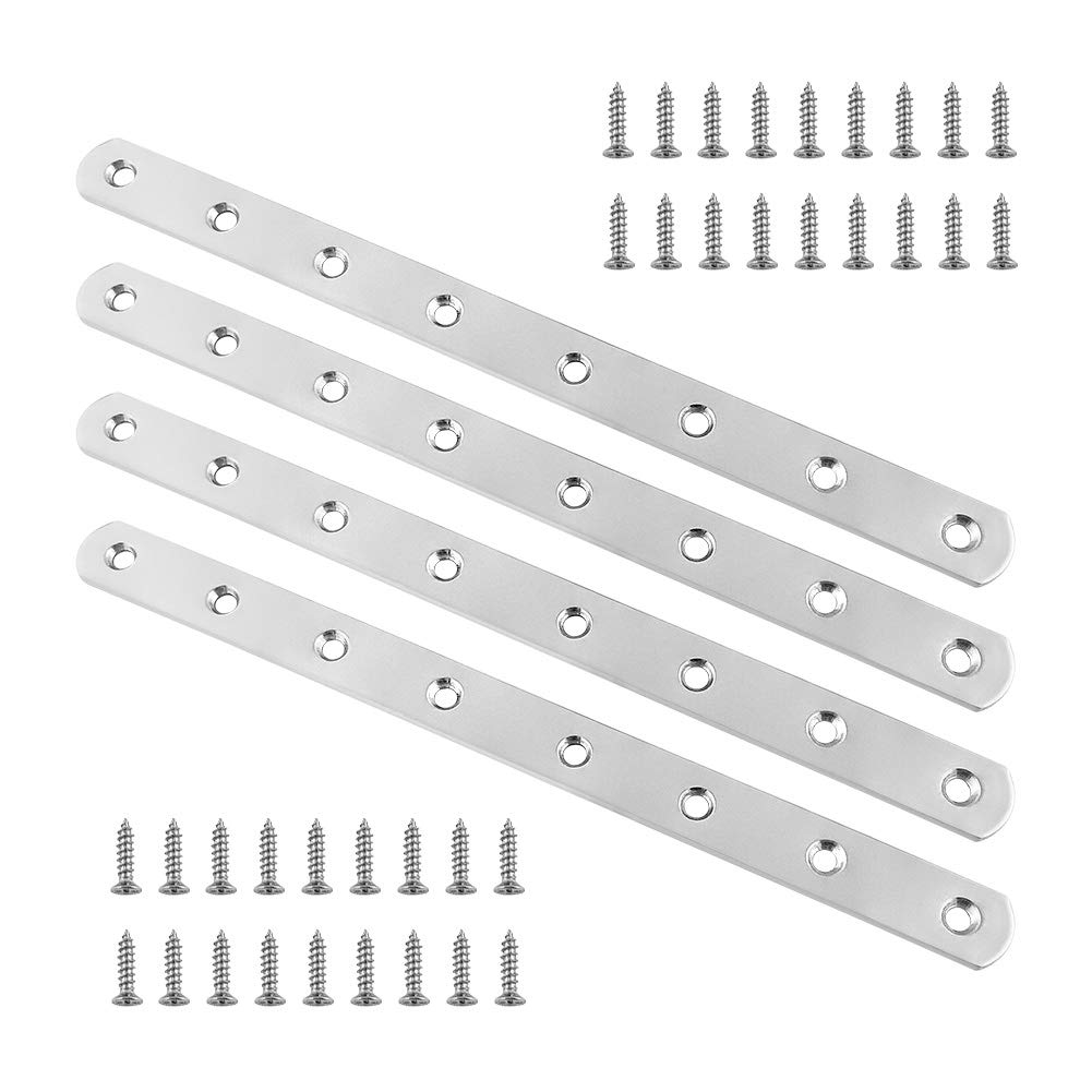 QWORK® 4 PCS 245mmx19mm Stainless Steel Flat Braces Straight Corner Brackets with 32 PCS Fixing Screws — image 1
