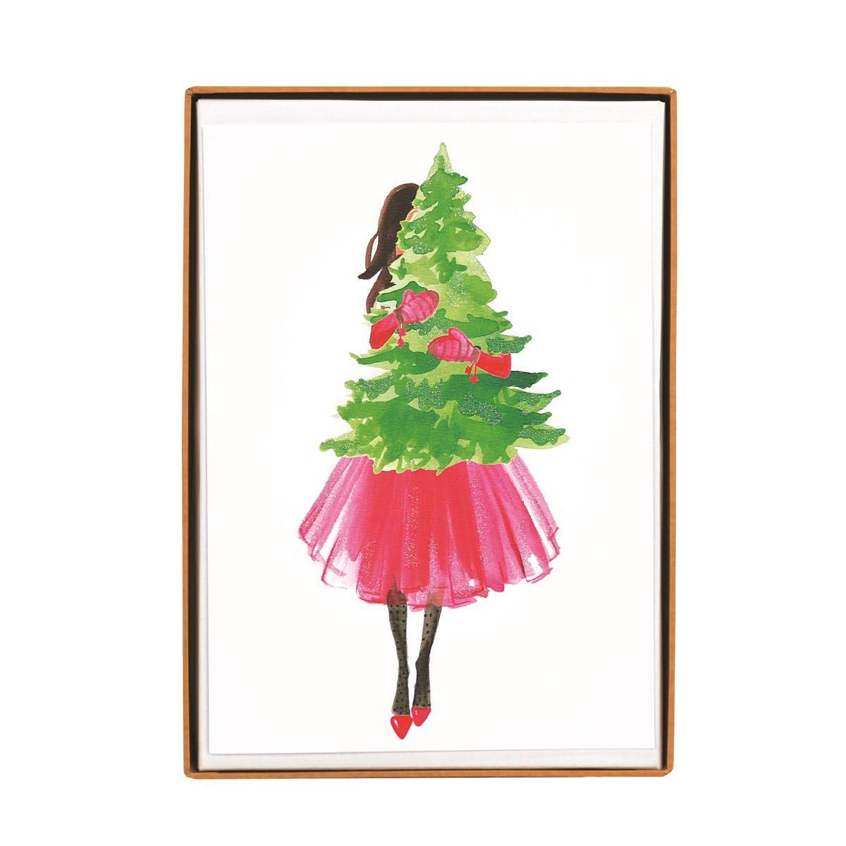 Graphique Girl Carrying Tree Holiday Cards - Pack of 15 Cards with Envelopes - Christmas Greetings - Glitter Accents - Boxed Set - 4.75" x 6.625"