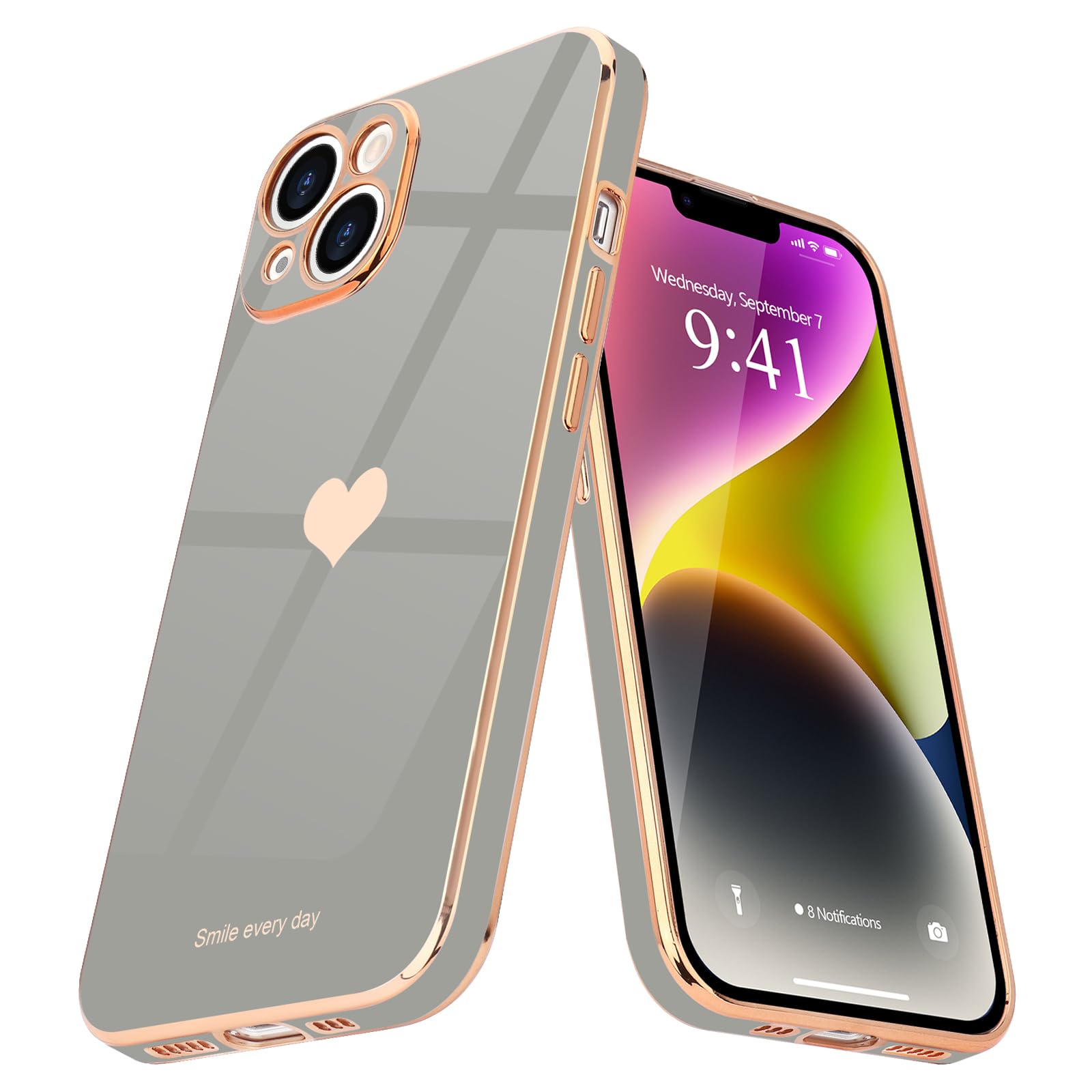 Teageo for iPhone 14 Case Cute Heart Pattern for Women Girls Slim Luxury Bling Plating Soft TPU Anti-Scratch Shockproof Bumper Phone Case for iPhone 14, Dolphin Gray