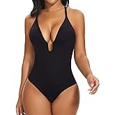 SHAPERIN Women's U Plunge Bodysuit Low Back Double Lined Tummy Control Shapewear Deep V Thong Body Suits