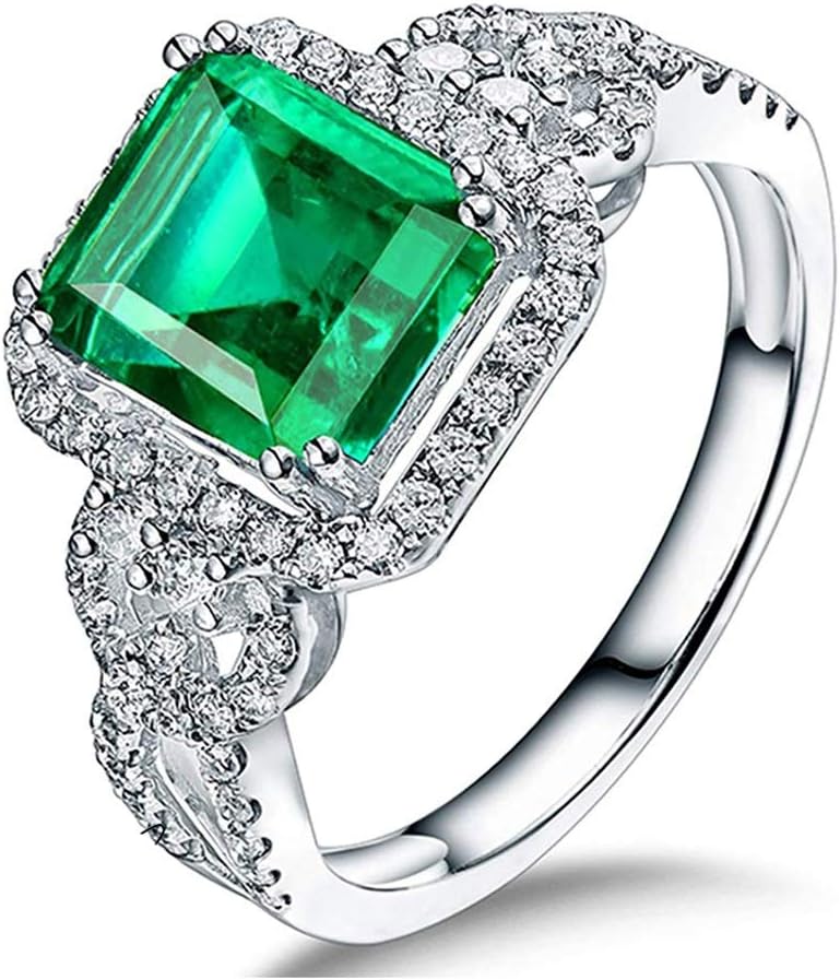 Lanmi Beautiful Natural Green Emerald Diamonds Engagement Ring Solid 14K White Gold Wedding Rings for Ladies Women Mother's Day