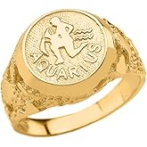 Astrology Jewelry Solid 14k Yellow Gold Aquarius Zodiac Sign Band Nugget Men's Ring