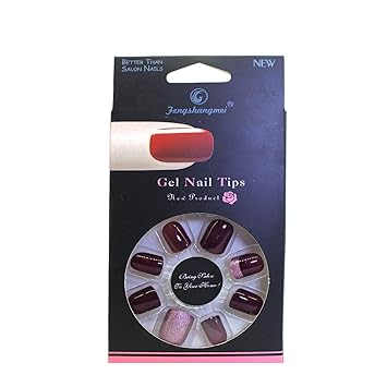 FLAWISH 12Pcs False Gel Nail Tips,Nail Extension Set with Glue (Maroon)