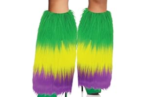 HAPPY DEALS ~ 2 Pieces | Furry Leg Warmers | Mardi Gras Costume Accessory | Purple Yellow Green Furry Leg Covers