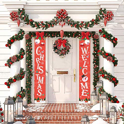 Directtyteam Christmas Porch Sign, Welcome and Christmas - Xmas Hanging Christmas Banners for Holiday Home Indoor Outdoor Porch Wall Door Curtain Decoration