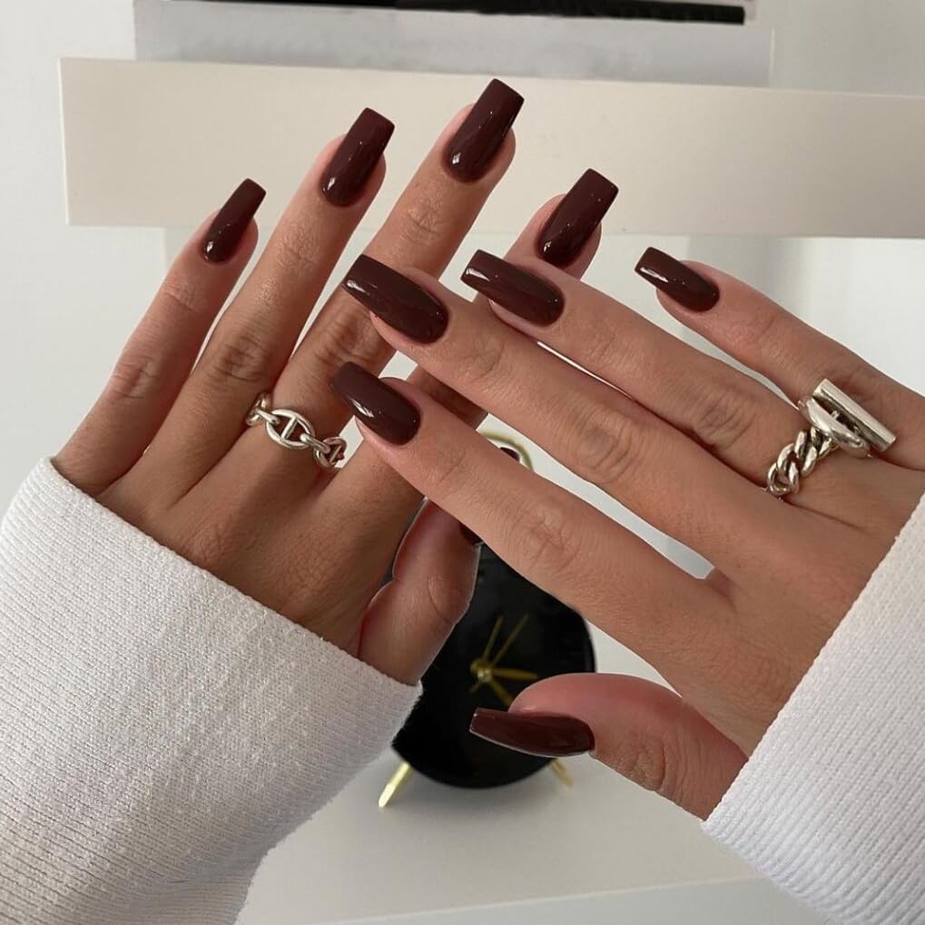 Fall Nails KQueenest Medium Long Press On Nails Coffin Nails Press Ons Gloss Brown Dark Color Long Fake Nails For Women Thick Gel Square Tip Nails Acrylic False Nails Set, 24 Pcs - Image 2