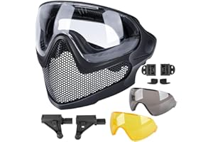 ATAIRSOFT 2 Modes Airsoft Mask Full Face Tactical Safety Protective Mask Anti-Fog Goggles Set with 3 Interchangable Lens