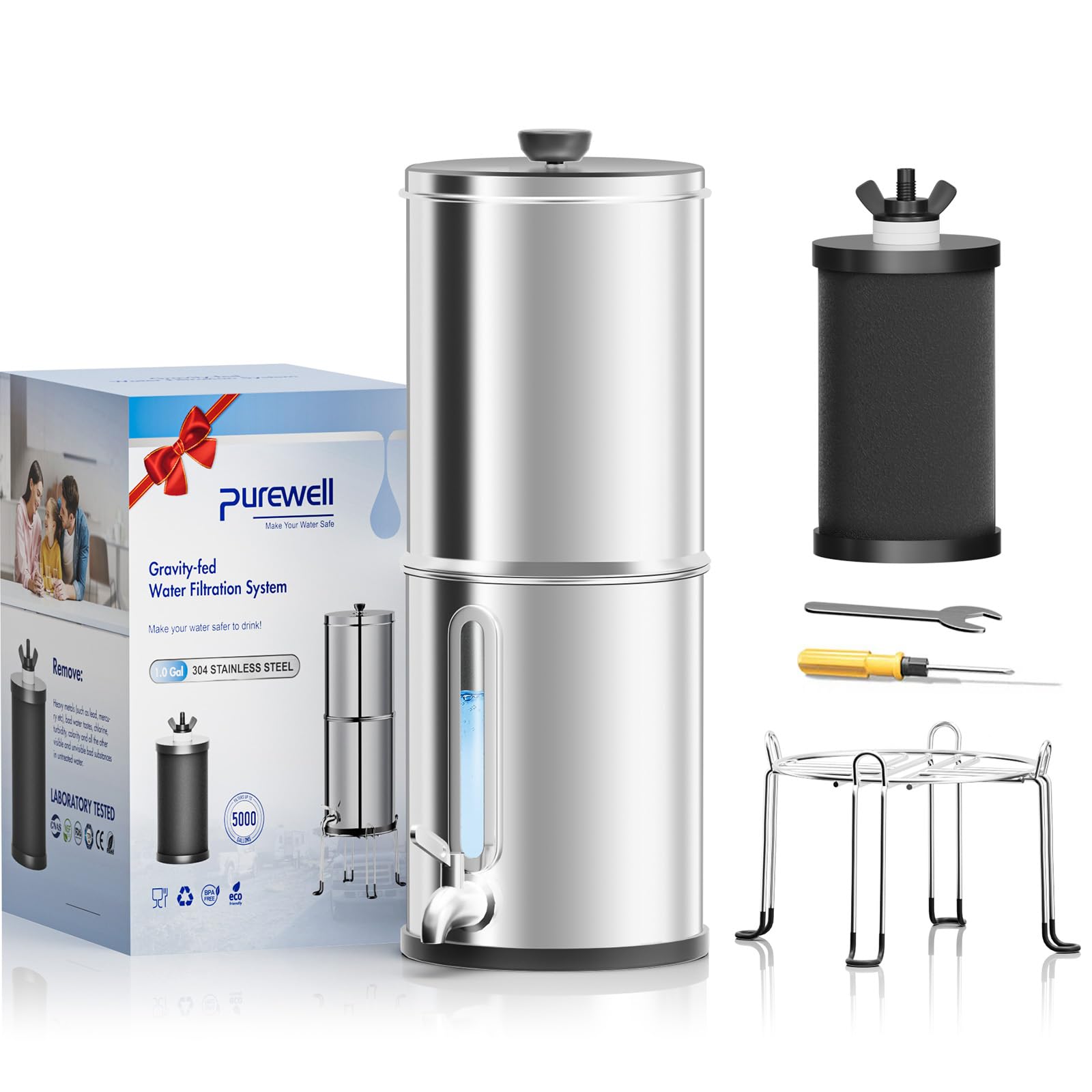 Photo 1 of Purewell 1.0 Gallon Portable Gravity Water Filter System, 4-Stage 0.01?m Ultra-Filtration Countertop System with Water Level Window and Stand, Reduce Fluoride & Chlorine, for Camping, RVing (PW-1G-KF)